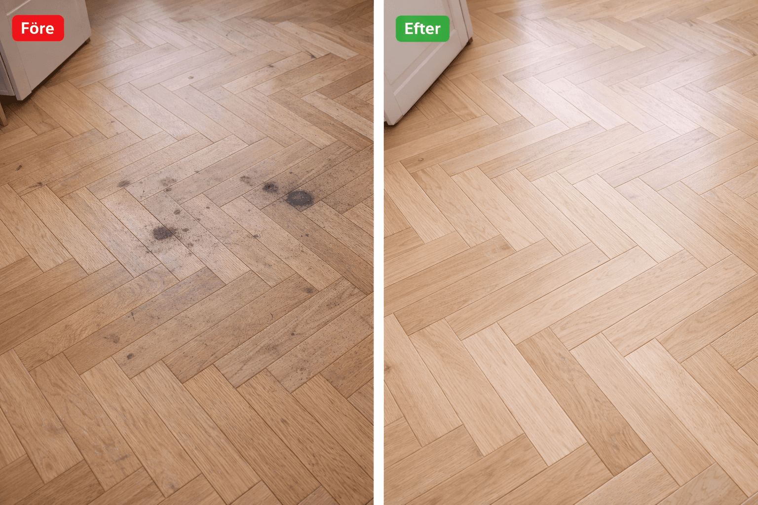 Slitet parkettgolv i lägenhet, Stockholm - Före